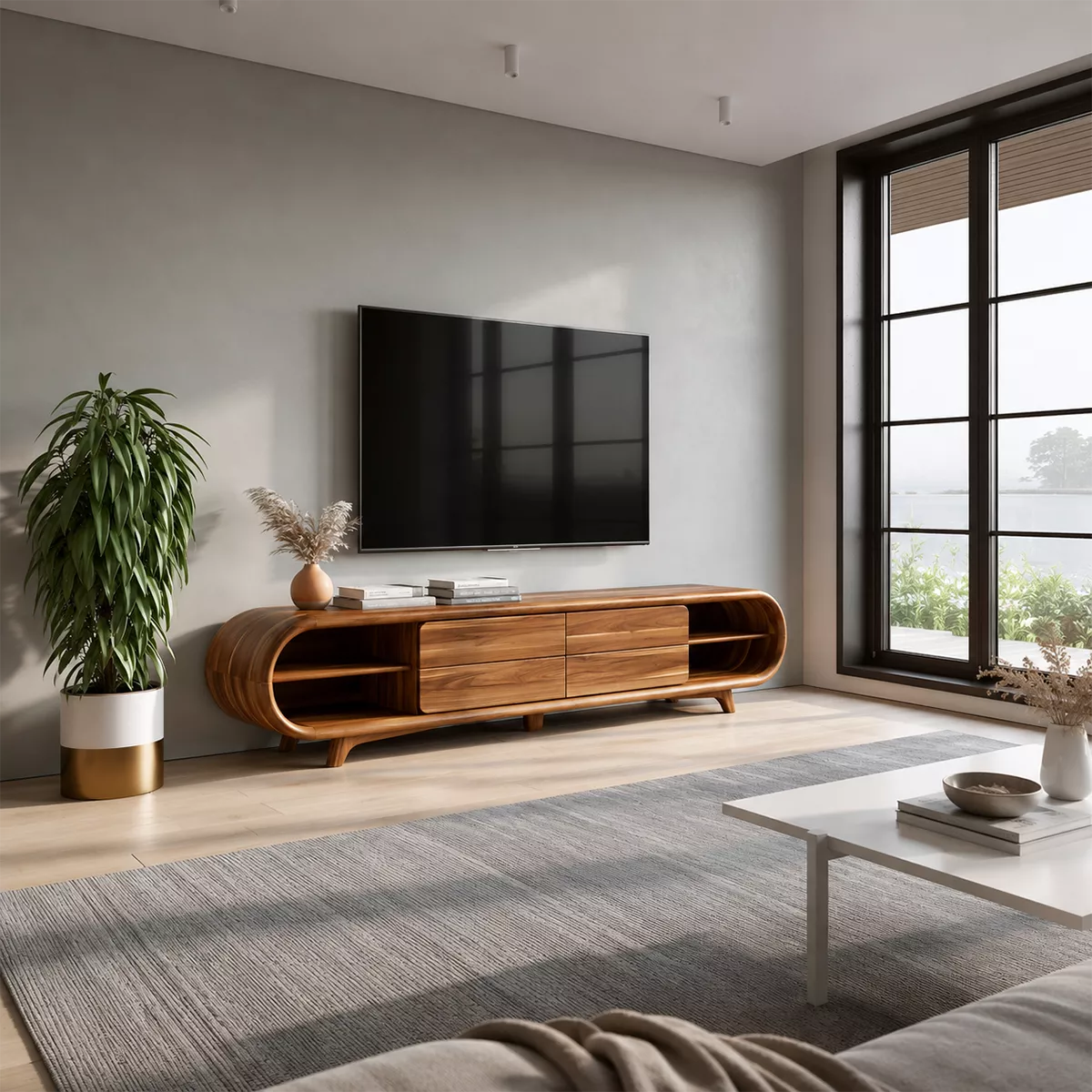 Sculptural Solid Wood TV Stand With Rounded Loop Frame, Open Side Shelves And Multi Drawer Storage For Living Room - Livewoodcraft - 7