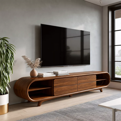 Sculptural Solid Wood TV Stand With Rounded Loop Frame, Open Side Shelves And Multi Drawer Storage For Living Room - Livewoodcraft - 8