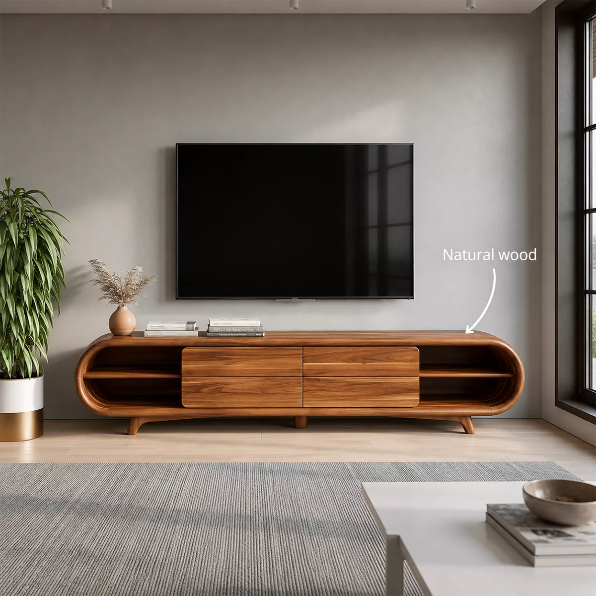 Sculptural Solid Wood TV Stand With Rounded Loop Frame, Open Side Shelves And Multi Drawer Storage For Living Room - Livewoodcraft - 9