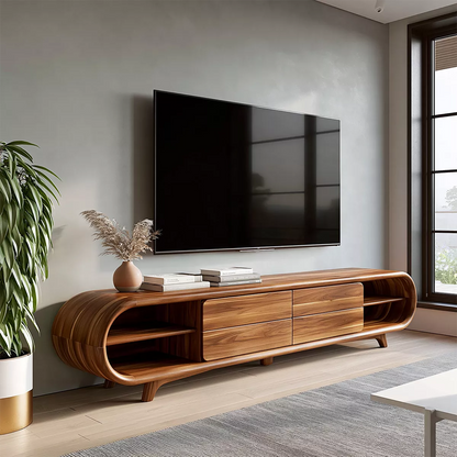 Sculptural Solid Wood TV Stand With Rounded Loop Frame, Open Side Shelves And Multi Drawer Storage For Living Room - Livewoodcraft