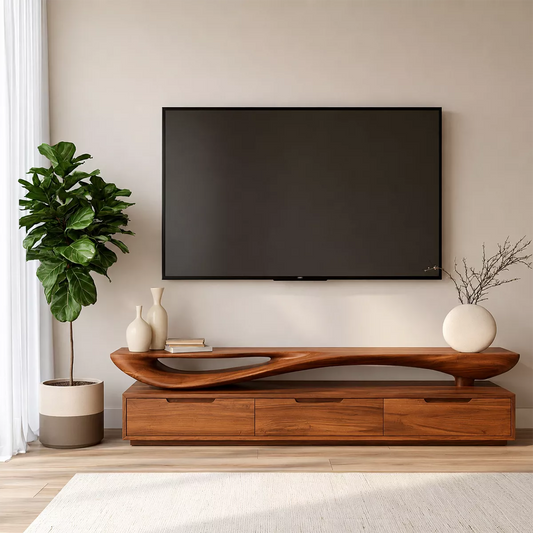 Sculptural Wave Solid Wood TV Stand With Open Display Shelf And Hidden Drawer Storage For Living Room - Echotimber