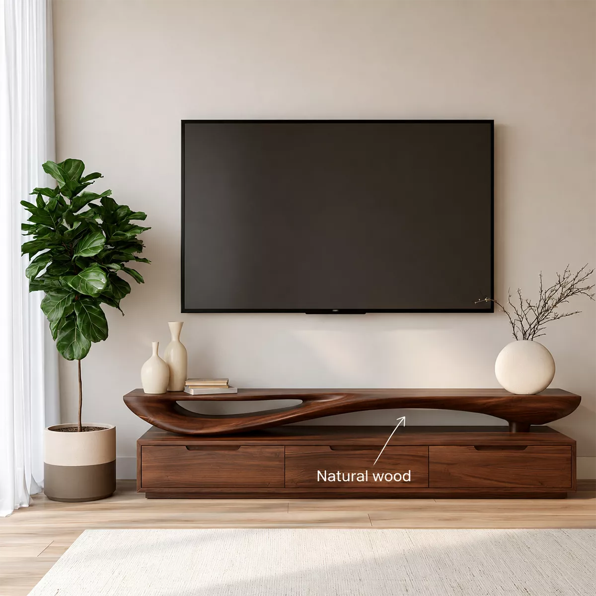 Sculptural Wave Solid Wood TV Stand With Open Display Shelf And Hidden Drawer Storage For Living Room - Livewoodcraft - 10
