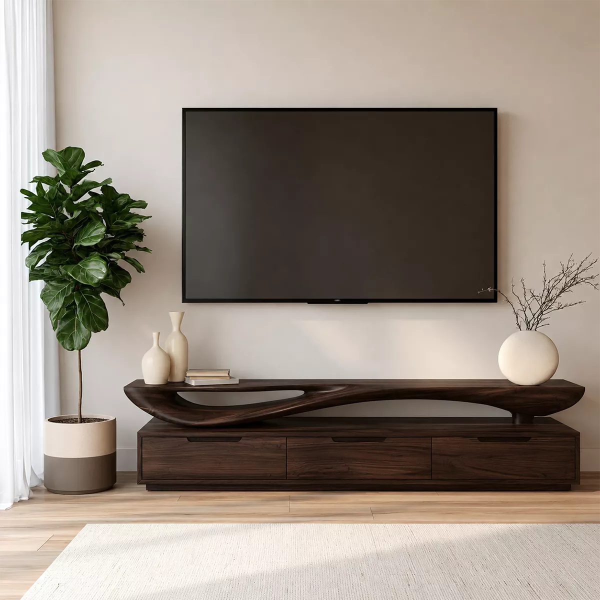 Sculptural Wave Solid Wood TV Stand With Open Display Shelf And Hidden Drawer Storage For Living Room - Livewoodcraft - 2