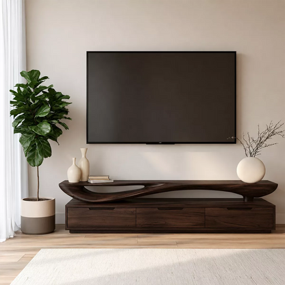 Sculptural Wave Solid Wood TV Stand With Open Display Shelf And Hidden Drawer Storage For Living Room - Livewoodcraft - 2