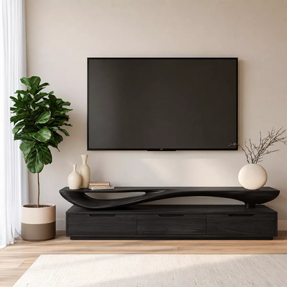Sculptural Wave Solid Wood TV Stand With Open Display Shelf And Hidden Drawer Storage For Living Room - Livewoodcraft - 3
