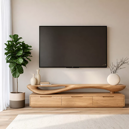 Sculptural Wave Solid Wood TV Stand With Open Display Shelf And Hidden Drawer Storage For Living Room - Livewoodcraft - 4