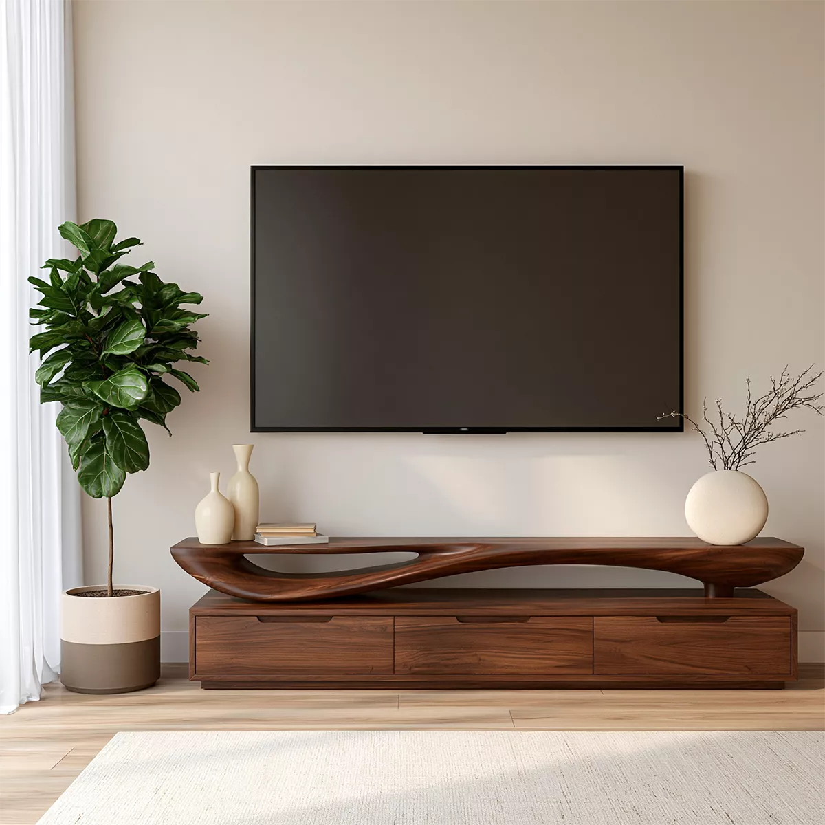Sculptural Wave Solid Wood TV Stand With Open Display Shelf And Hidden Drawer Storage For Living Room - Livewoodcraft - 5