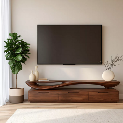 Sculptural Wave Solid Wood TV Stand With Open Display Shelf And Hidden Drawer Storage For Living Room - Livewoodcraft - 5