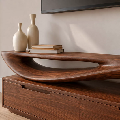 Sculptural Wave Solid Wood TV Stand With Open Display Shelf And Hidden Drawer Storage For Living Room - Livewoodcraft - 6