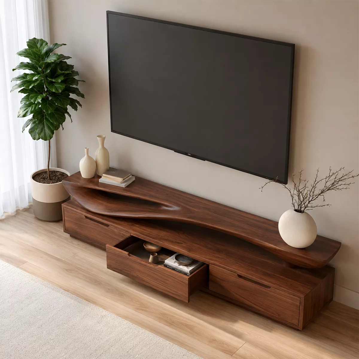 Sculptural Wave Solid Wood TV Stand With Open Display Shelf And Hidden Drawer Storage For Living Room - Livewoodcraft - 7
