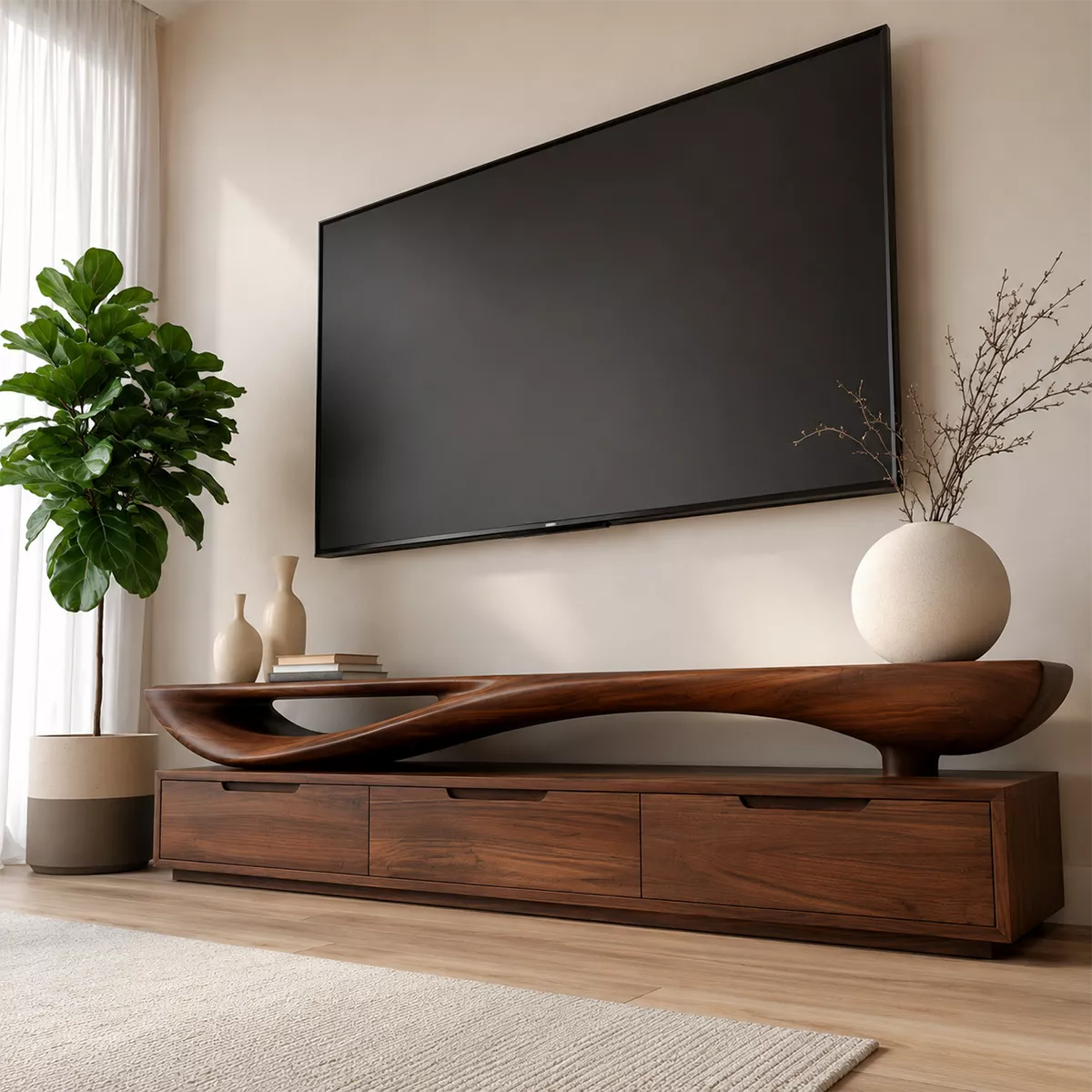 Sculptural Wave Solid Wood TV Stand With Open Display Shelf And Hidden Drawer Storage For Living Room - Livewoodcraft - 8