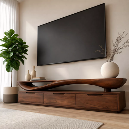 Sculptural Wave Solid Wood TV Stand With Open Display Shelf And Hidden Drawer Storage For Living Room - Livewoodcraft - 8