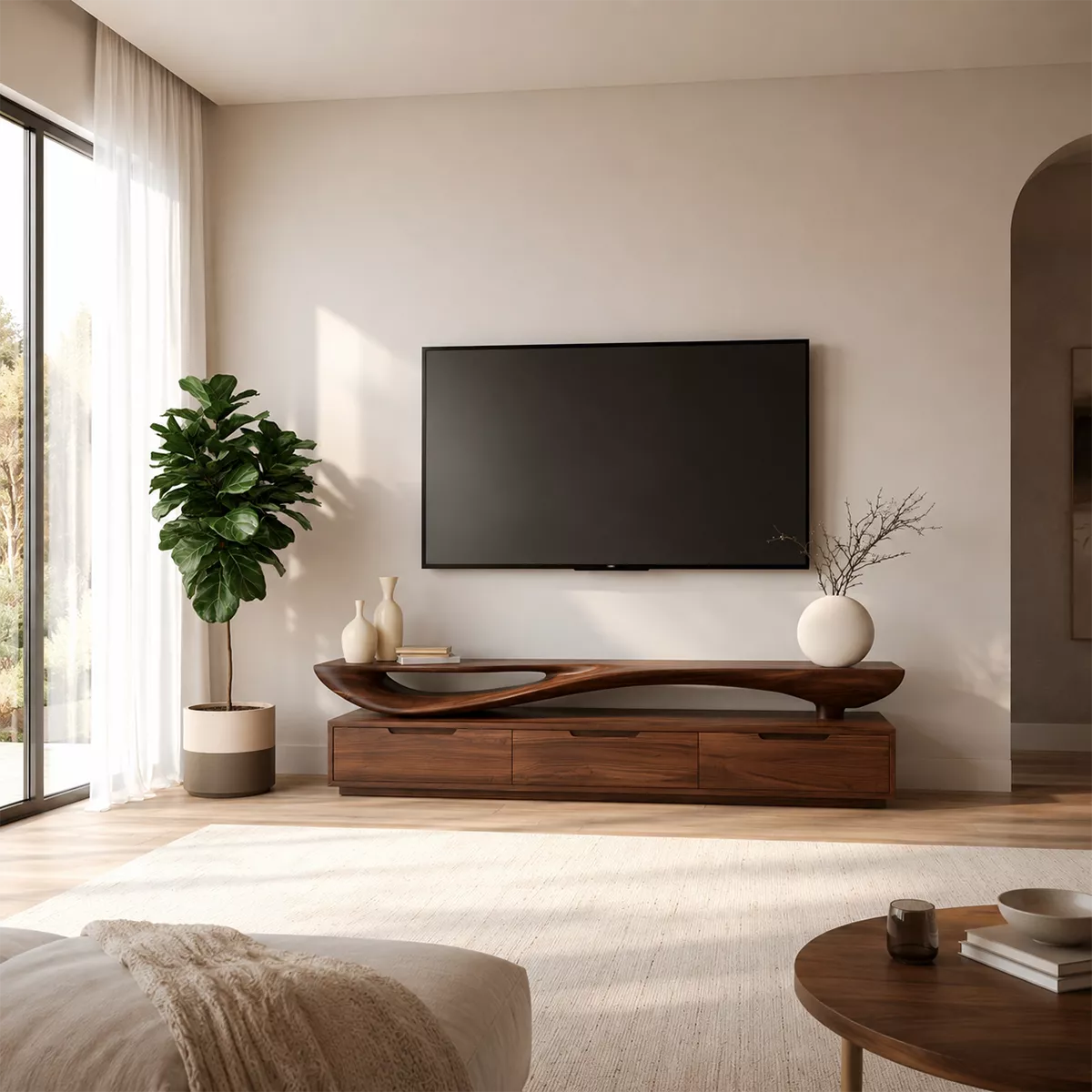 Sculptural Wave Solid Wood TV Stand With Open Display Shelf And Hidden Drawer Storage For Living Room - Livewoodcraft - 9