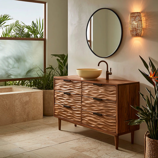 Solid Wood Bathroom Vanity Cabinet with Textured Drawer Fronts – Modern Rustic Floating Sink Console, Walnut Finish Storage Cabinet - Echotimber