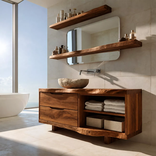 Solid Wood Bathroom Vanity With Drawer Storage And Open Towel Shelf For Modern Bathroom - Echotimber