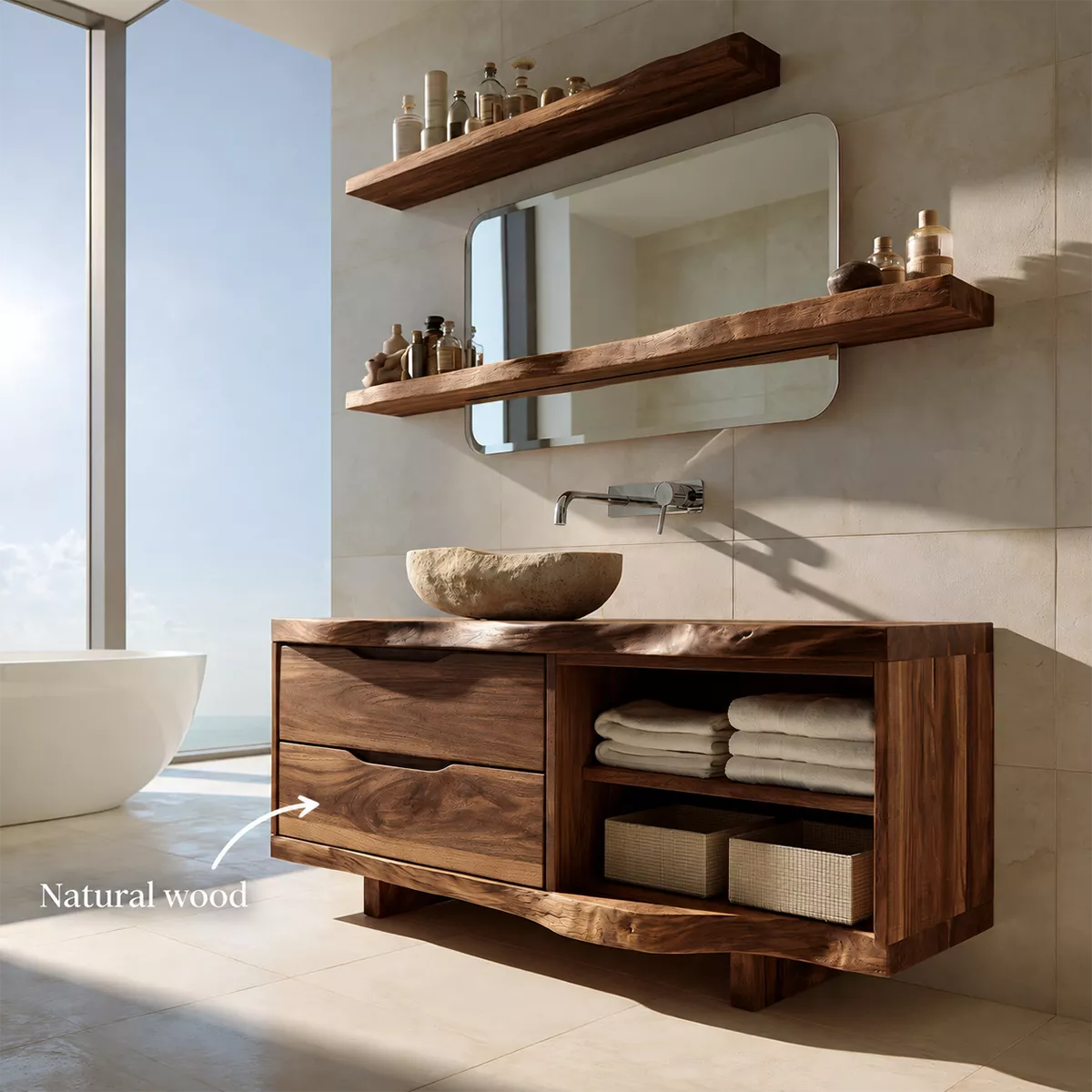 Solid Wood Bathroom Vanity With Drawer Storage And Open Towel Shelf For Modern Bathroom - Livewoodcraft - 11