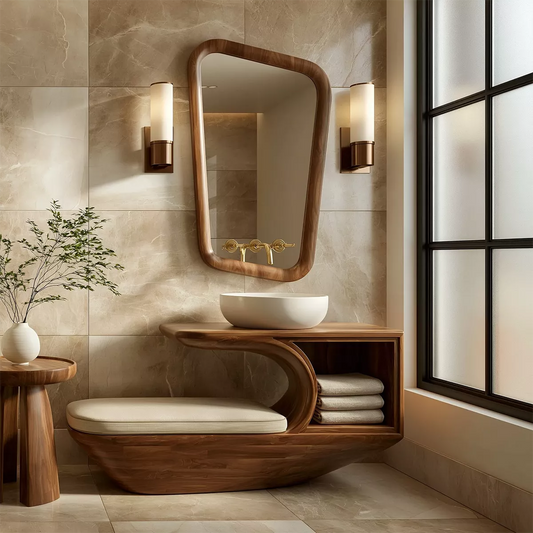 Solid Wood Bathroom Vanity With Integrated Bench Open Storage Shelf And Organic Mirror Frame - Echotimber