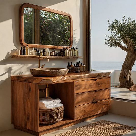 Solid Wood Bathroom Vanity With Live Edge Countertop, Open Shelf And Drawer Storage - Echotimber