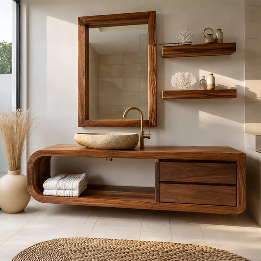 Solid Wood Bathroom Vanity With Rounded Open Shelf And Drawer Storage For Modern Bathroom - Echotimber