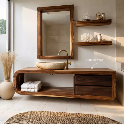Solid Wood Bathroom Vanity With Rounded Open Shelf And Drawer Storage For Modern Bathroom - Livewoodcraft - 10