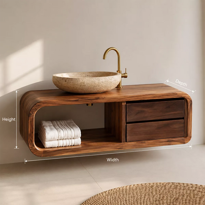 Solid Wood Bathroom Vanity With Rounded Open Shelf And Drawer Storage For Modern Bathroom - Livewoodcraft - 11