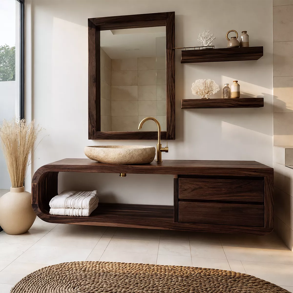 Solid Wood Bathroom Vanity With Rounded Open Shelf And Drawer Storage For Modern Bathroom - Livewoodcraft - 2