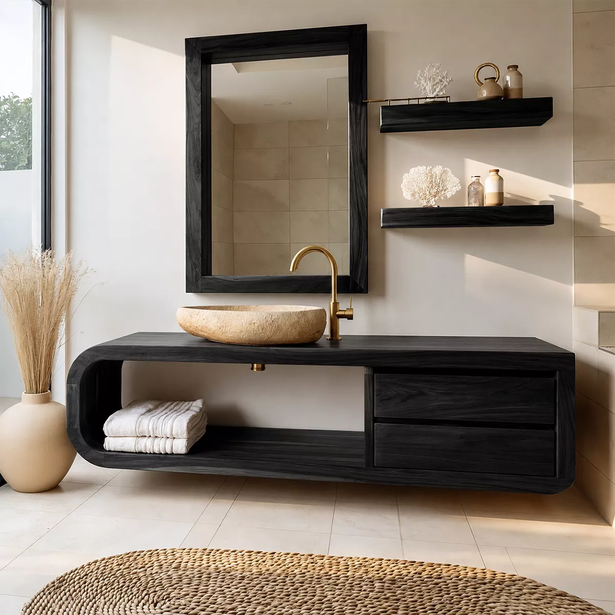 Solid Wood Bathroom Vanity With Rounded Open Shelf And Drawer Storage For Modern Bathroom - Livewoodcraft - 3