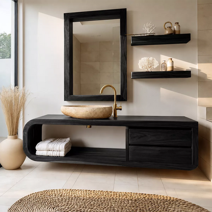 Solid Wood Bathroom Vanity With Rounded Open Shelf And Drawer Storage For Modern Bathroom - Livewoodcraft - 3