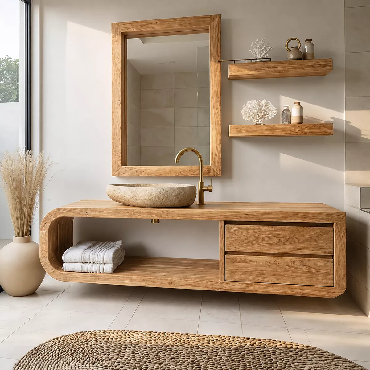Solid Wood Bathroom Vanity With Rounded Open Shelf And Drawer Storage For Modern Bathroom - Livewoodcraft - 4