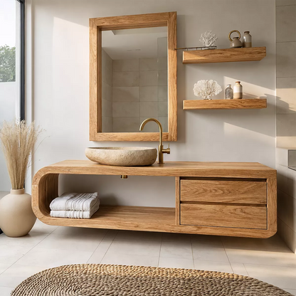 Solid Wood Bathroom Vanity With Rounded Open Shelf And Drawer Storage For Modern Bathroom - Livewoodcraft - 4