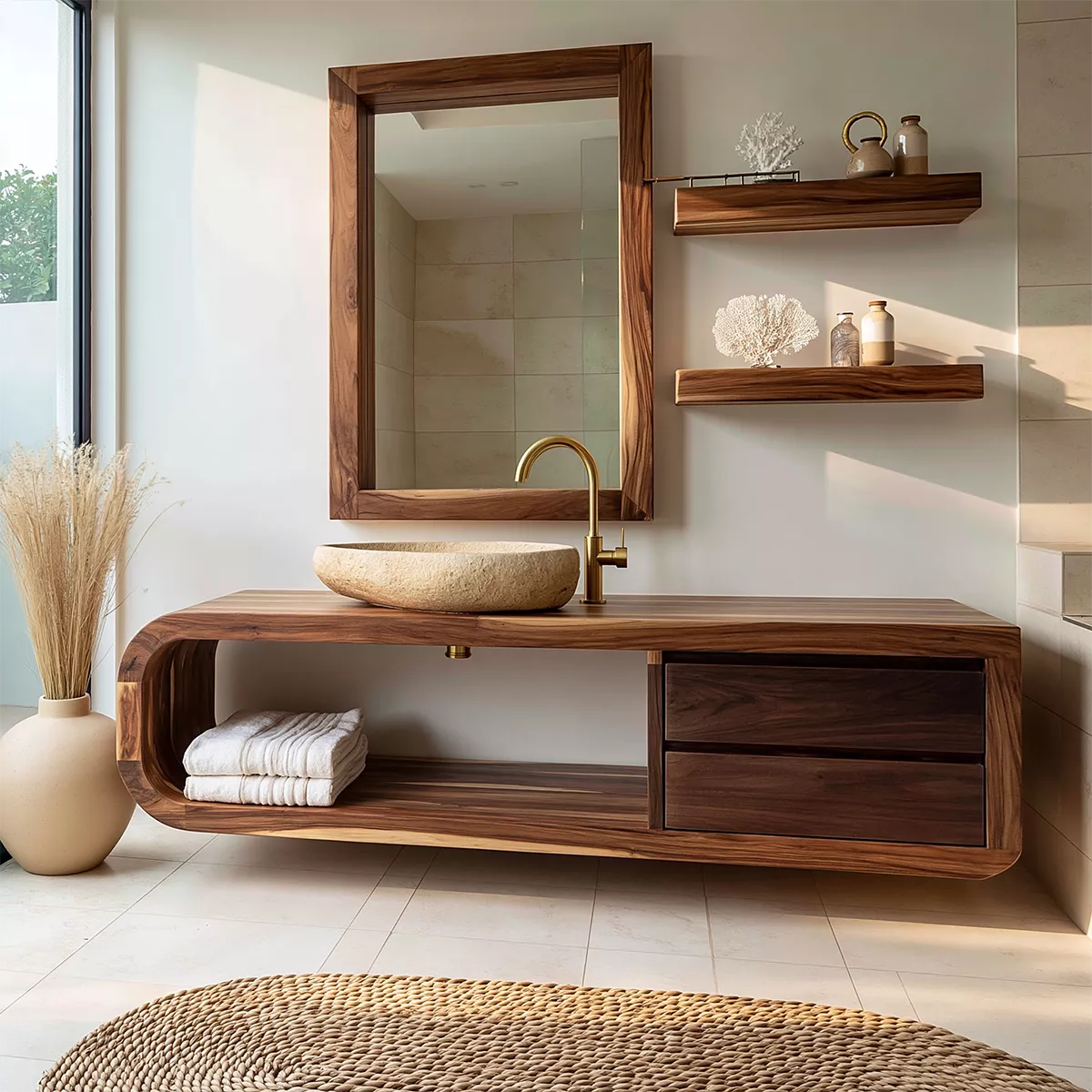 Solid Wood Bathroom Vanity With Rounded Open Shelf And Drawer Storage For Modern Bathroom - Livewoodcraft - 5