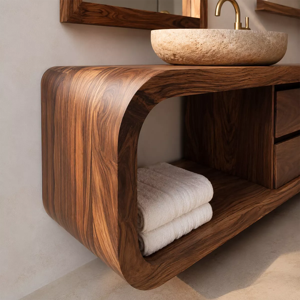 Solid Wood Bathroom Vanity With Rounded Open Shelf And Drawer Storage For Modern Bathroom - Livewoodcraft - 6