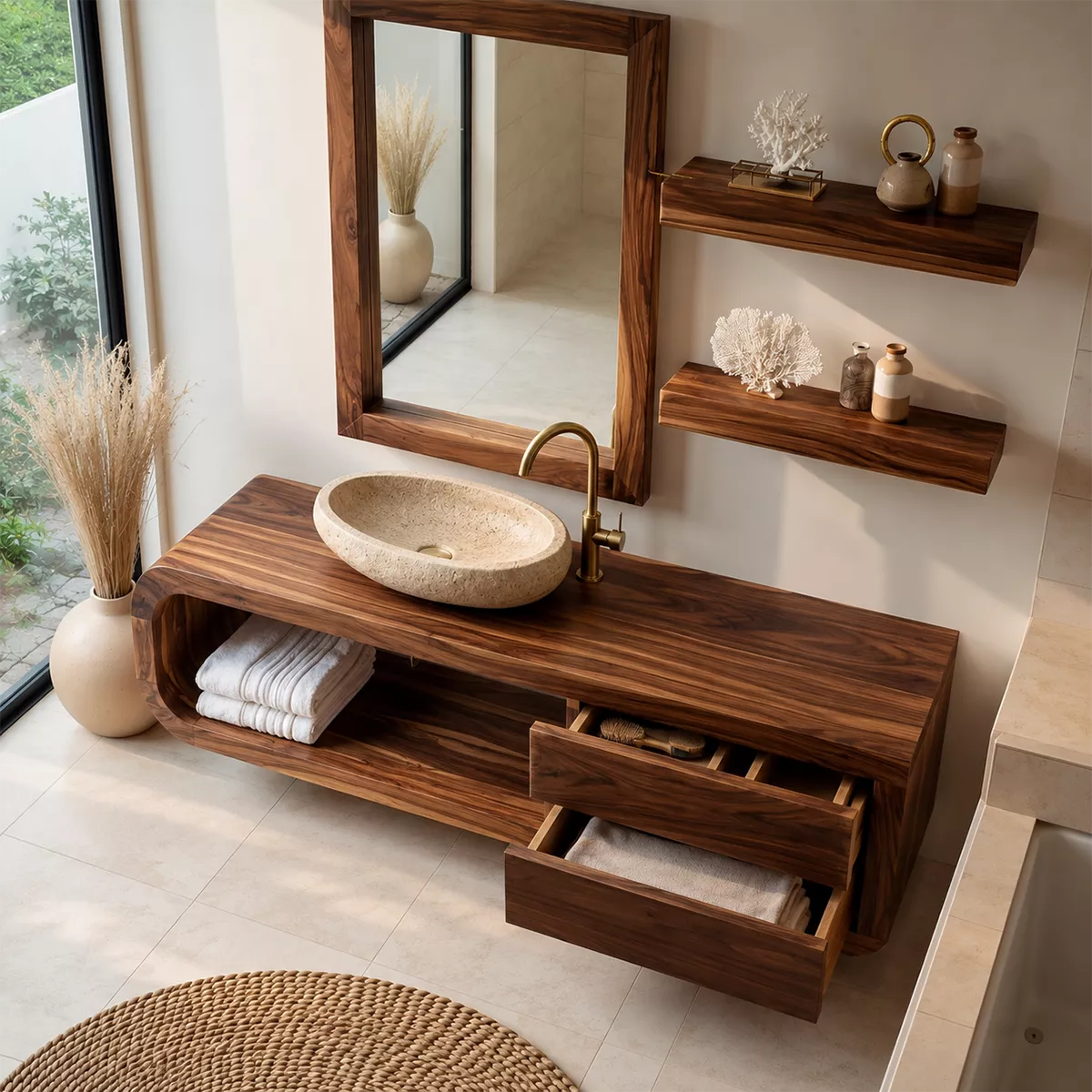 Solid Wood Bathroom Vanity With Rounded Open Shelf And Drawer Storage For Modern Bathroom - Livewoodcraft - 7