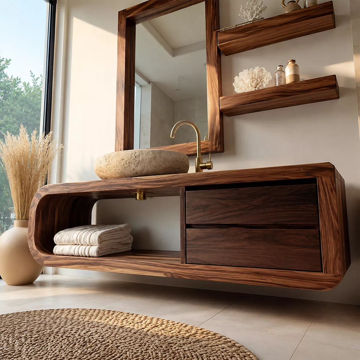 Solid Wood Bathroom Vanity With Rounded Open Shelf And Drawer Storage For Modern Bathroom - Livewoodcraft - 8