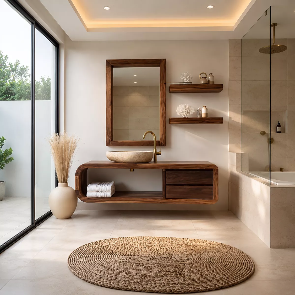 Solid Wood Bathroom Vanity With Rounded Open Shelf And Drawer Storage For Modern Bathroom - Livewoodcraft - 9