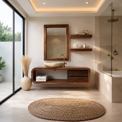 Solid Wood Bathroom Vanity With Rounded Open Shelf And Drawer Storage For Modern Bathroom - Livewoodcraft - 9