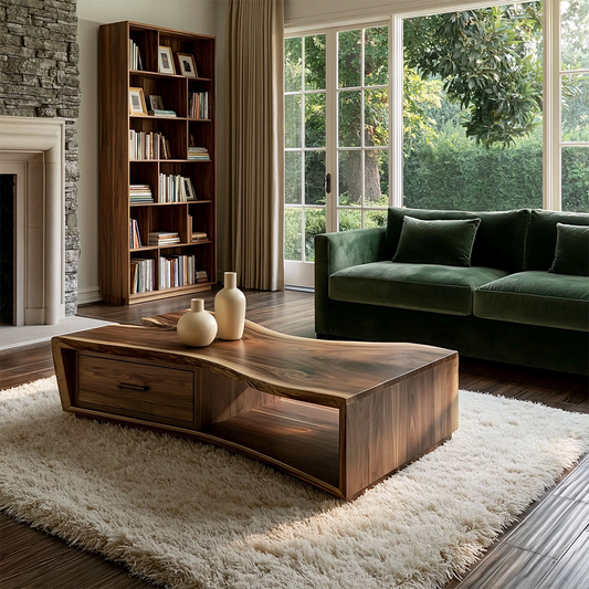Solid Wood Coffee Table With Sculptural Curved Base Storage Drawer And Open Shelf For Modern Living Room - Echotimber