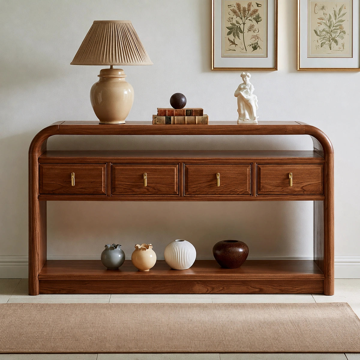 Solid Wood Console Table with Drawers and Open Shelf - Livewoodcraft