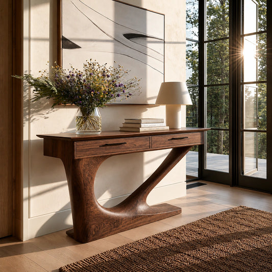 Solid Wood Console Table with Drawers and Sculptural Base - Echotimber