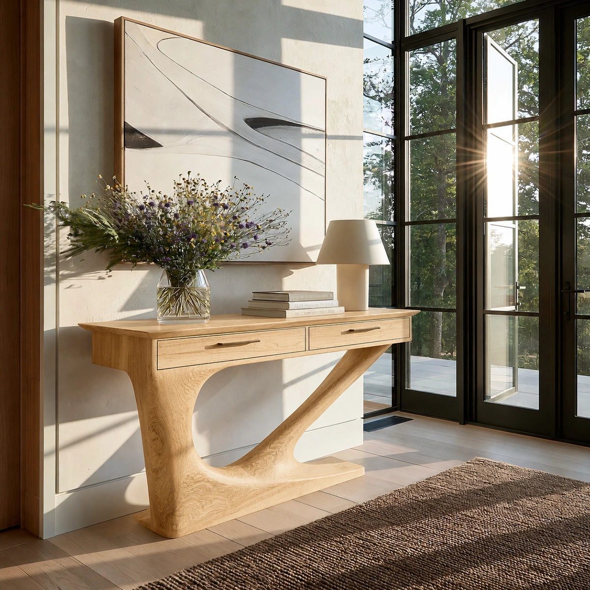 Solid Wood Console Table with Drawers and Sculptural Base - Livewoodcraft - 3