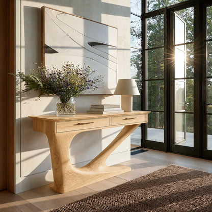 Solid Wood Console Table with Drawers and Sculptural Base - Livewoodcraft - 3