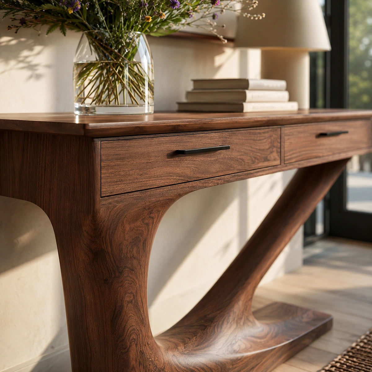 Solid Wood Console Table with Drawers and Sculptural Base - Livewoodcraft - 5