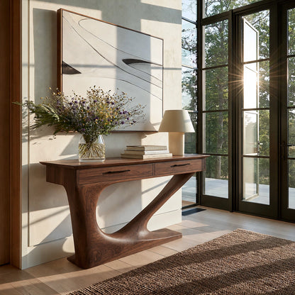 Solid Wood Console Table with Drawers and Sculptural Base - Livewoodcraft - 6
