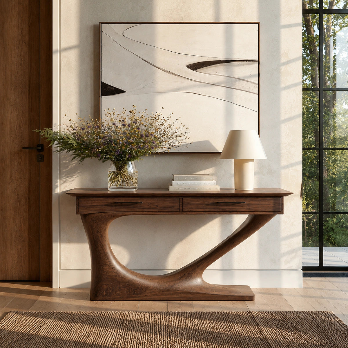 Solid Wood Console Table with Drawers and Sculptural Base - Livewoodcraft - 8