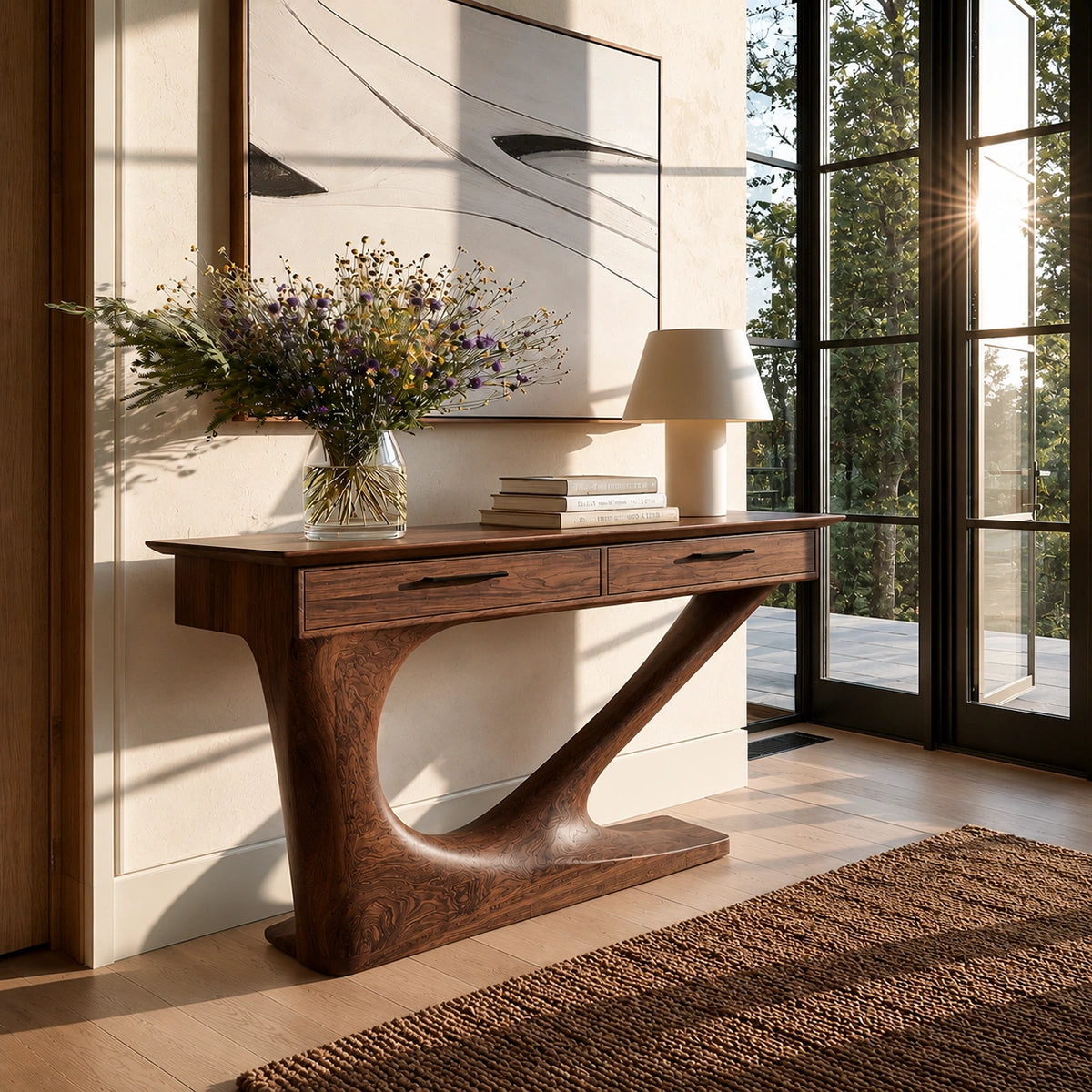 Solid Wood Console Table with Drawers and Sculptural Base - Livewoodcraft