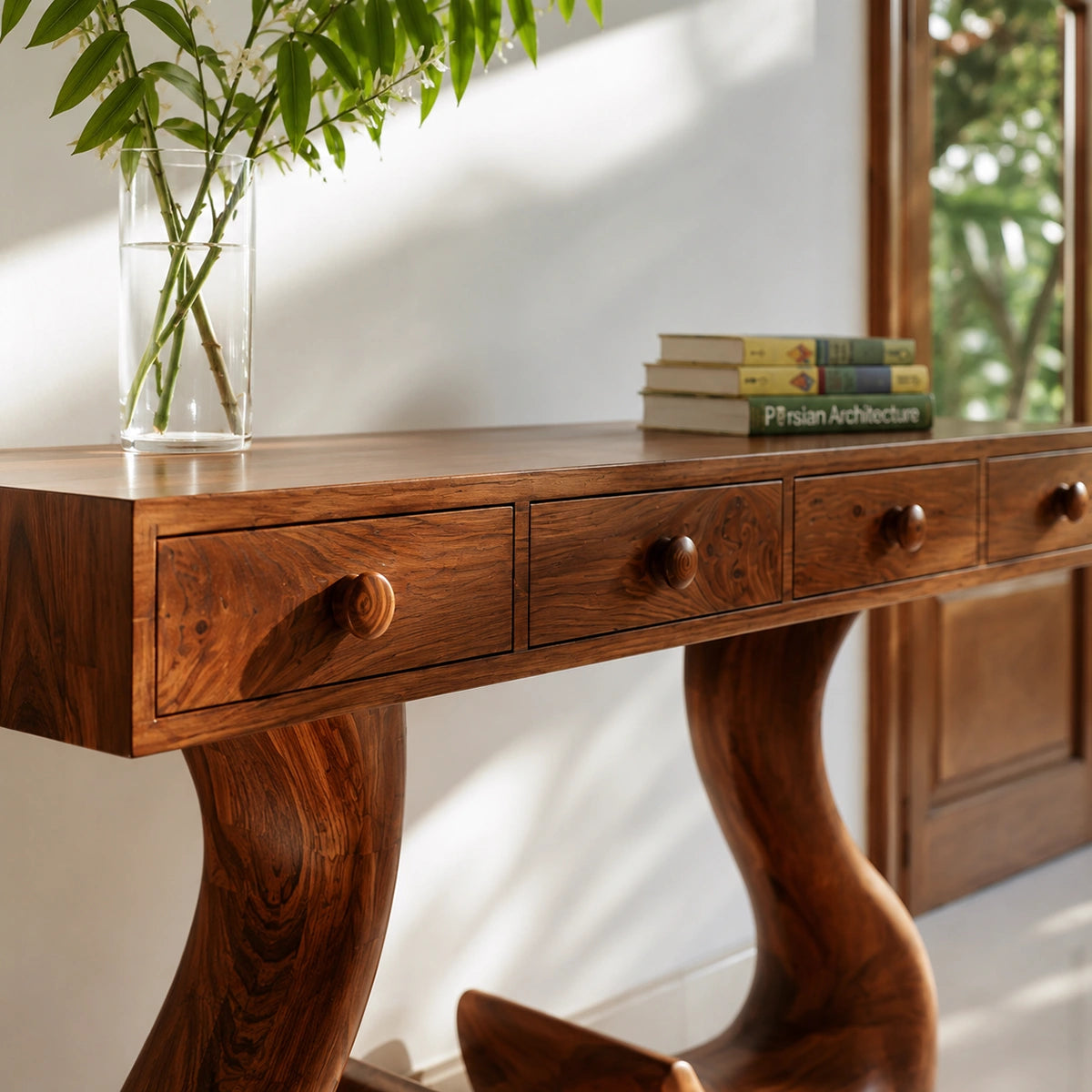 Solid Wood Console Table with Drawers and Sculptural Legs - Livewoodcraft - 5