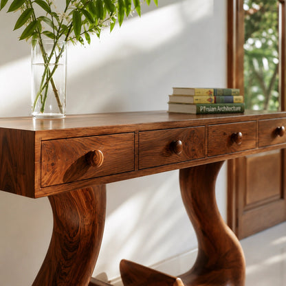 Solid Wood Console Table with Drawers and Sculptural Legs - Livewoodcraft - 5