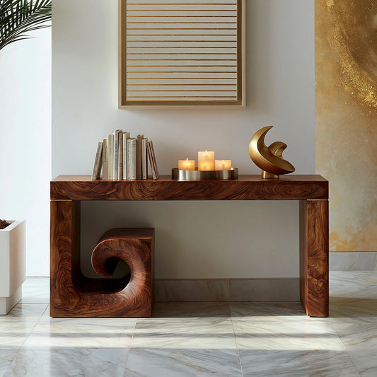 Solid Wood Console Table with Sculptural Stool | Modern Entryway & Hallway Table - Echotimber