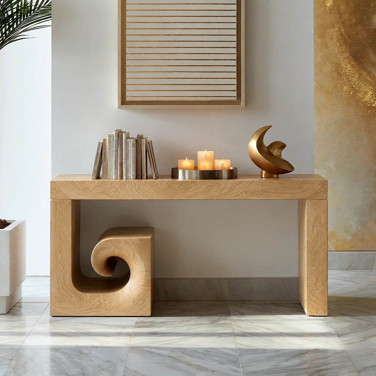 Solid Wood Console Table with Sculptural Stool | Modern Entryway & Hallway Table - Livewoodcraft - 3
