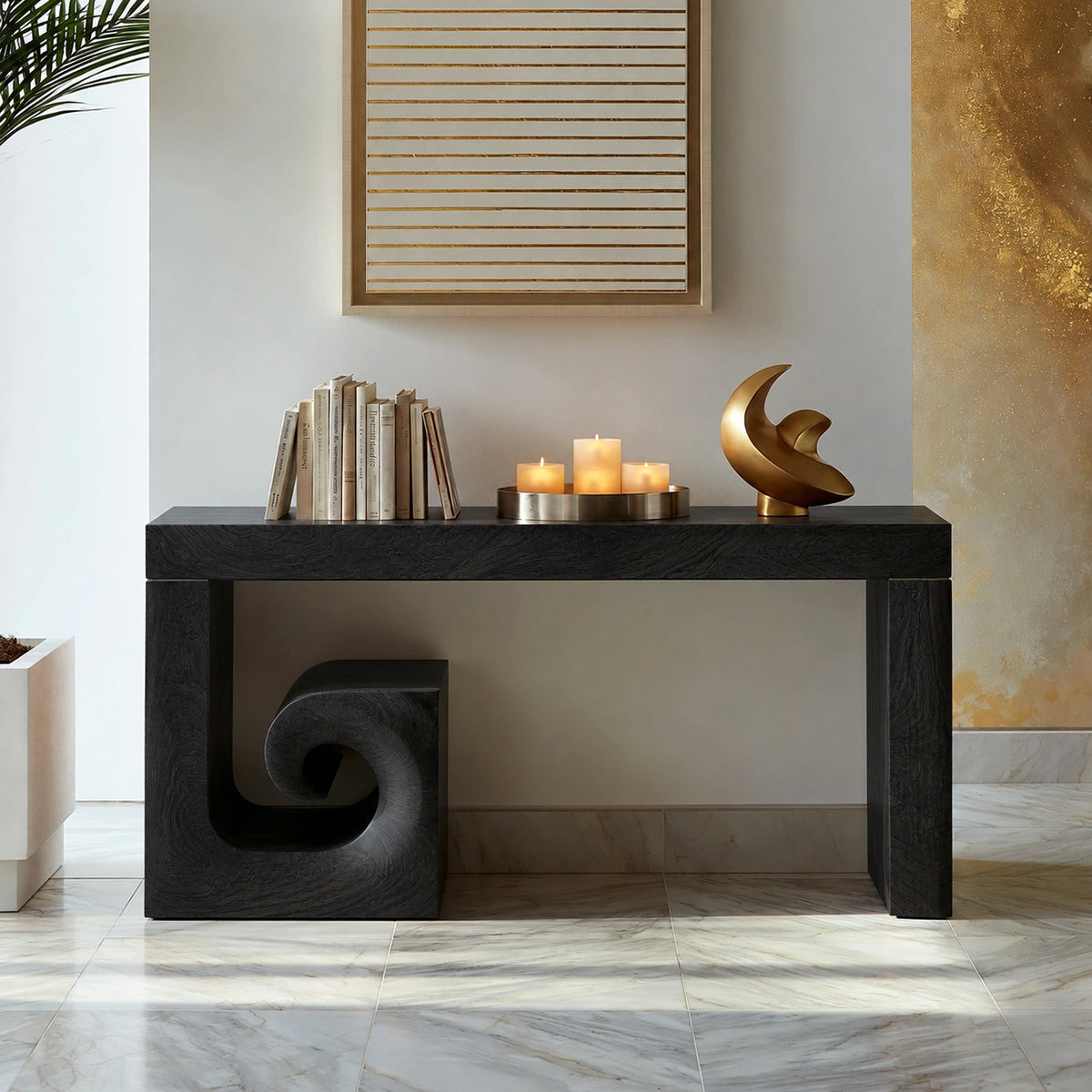 Solid Wood Console Table with Sculptural Stool | Modern Entryway & Hallway Table - Livewoodcraft - 4